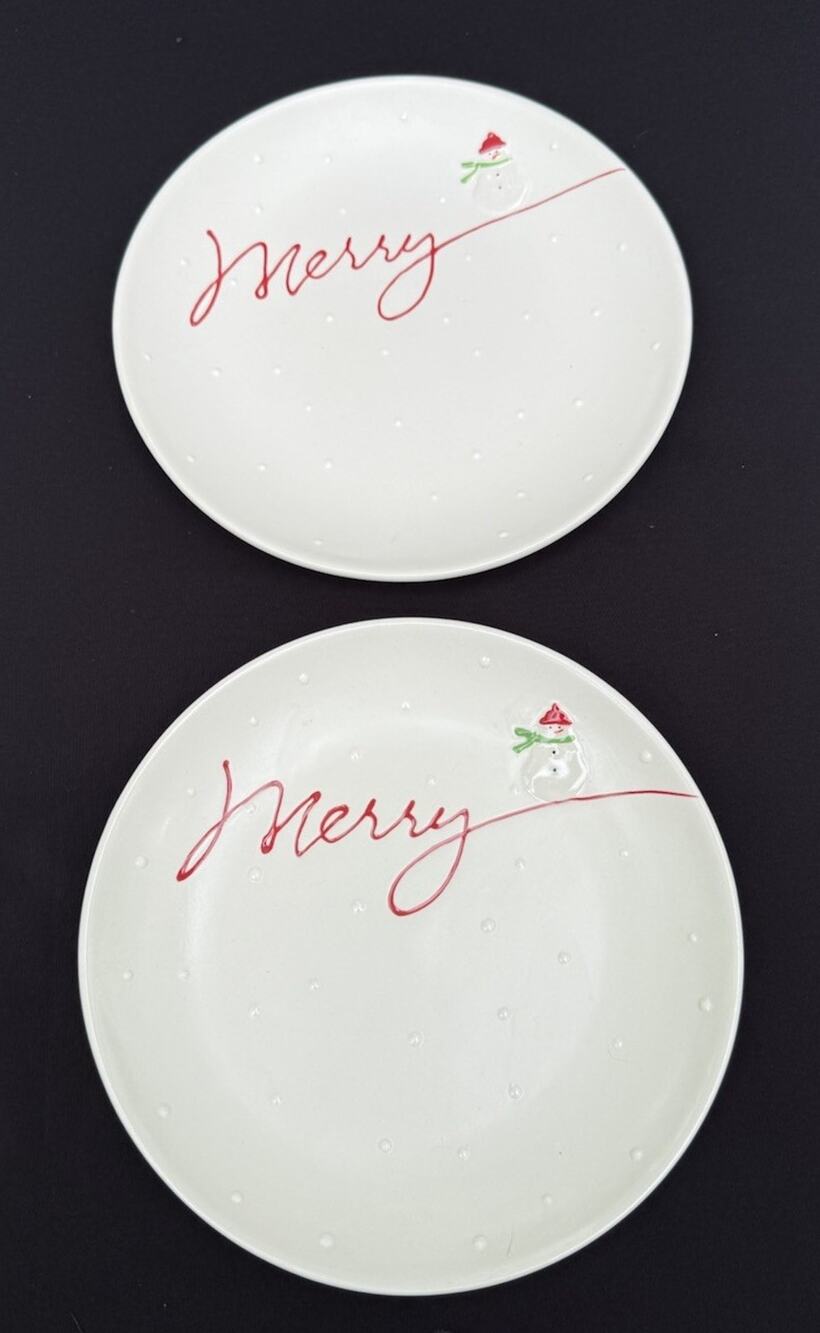 2 Hallmark Merry Tiny Snowman Raised Dots Christmas Cookie Plate Decor 8" Mint!